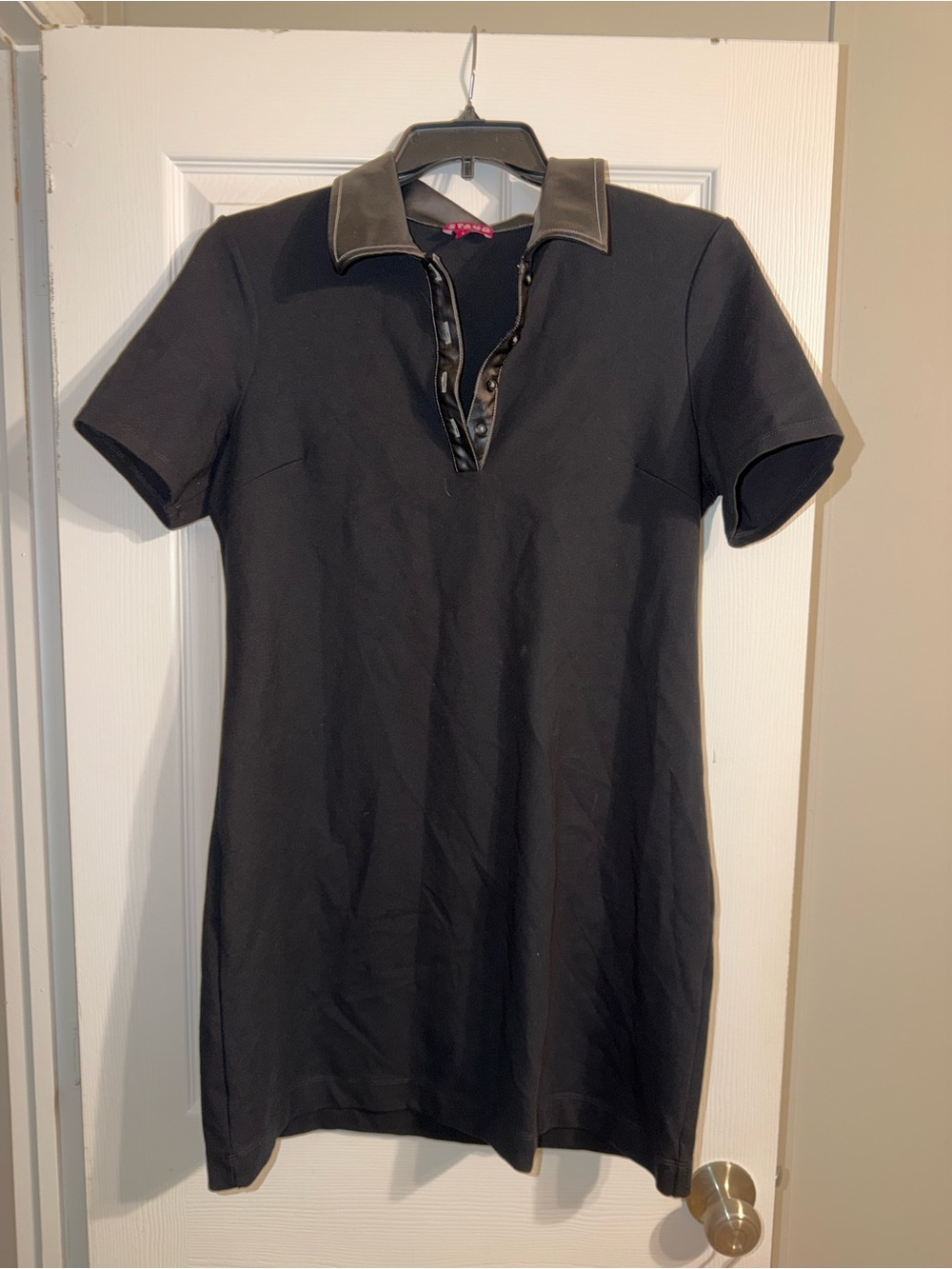 STAUD Black Jay Faux Leather Trim Polo Mini Dress Shift Snap Collar Large L